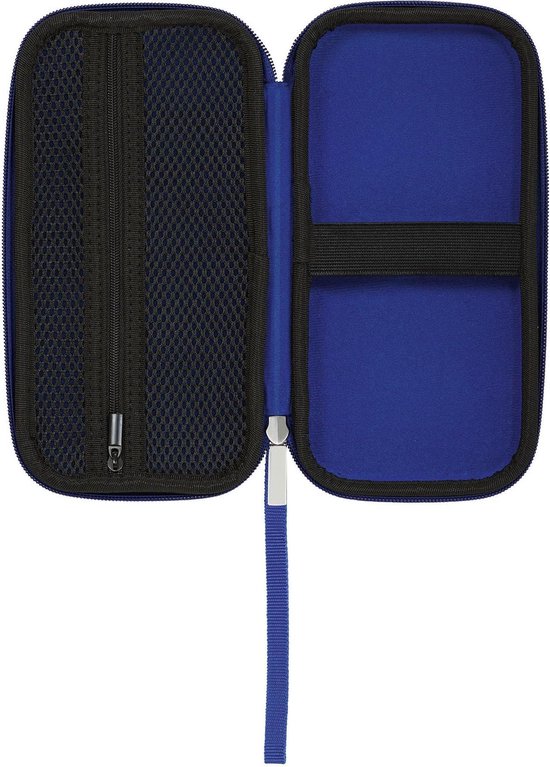 Open blauw etui met aan de linkerkant een zwart gaasvak met ritssluiting, aan de rechterkant elastische band.