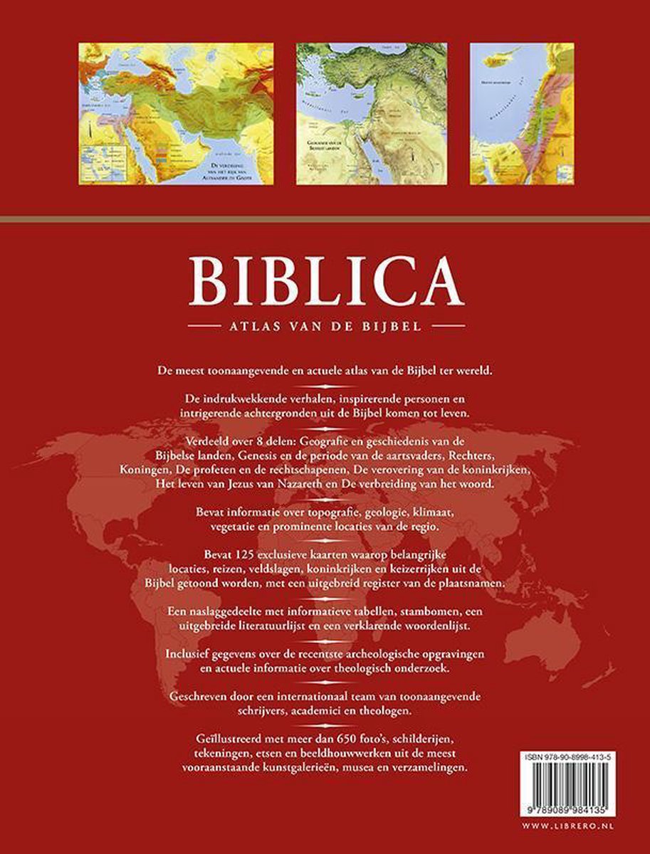 De achterkant van een boek met de titel 'Biblica - Atlas van de Bijbel', met kaarten van het Midden-Oosten en beschrijvingen van de inhoud.