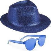 Blauw trilby glitter party hoedje met blauwe zonnebril