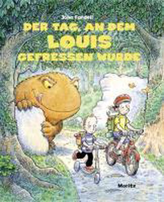 Kinderboekillustratie van een dinosaurus die achter een struik vandaan kijkt naar twee kinderen op een scooter en een fiets. De titel is "Der Tag, an dem Louis gefressen wurde."