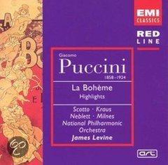 Cd-hoes van Puccini's La Bohème in paars met illustraties, met EMI Classics-logo en artiestenlijst.