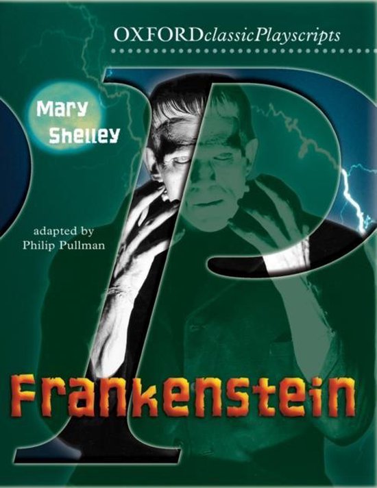 Boekomslag van 'Frankenstein' door Mary Shelley, aangepast door Philip Pullman. Boris Karloff als monster.