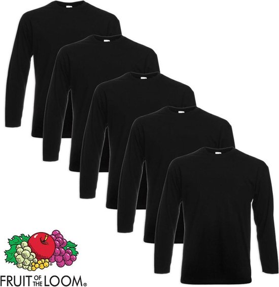 5 Fruit of the Loom Value Weight Longsleeve T-shirt zwart XL