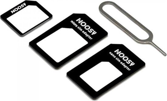 Drie zwarte NOOSY sim-adapters (nano, micro) en een sim-pin op witte achtergrond.