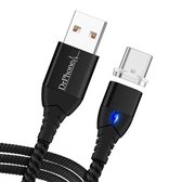 DrPhone FLM Magnetische USB C Oplaad Kabel 3A + Data - Sterke Magneet - LED indicator - Geschikt voor alle apparaten met USB C - Nylon Gevlochten Kabel - 2M - Zwart