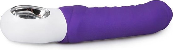Paarse, geribbelde vibrator met een witte basis met zilveren bediening.