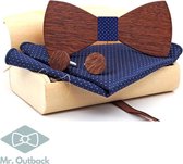 Mr. Bow Tie - Houten vlinderdas met Manchetknopen en Pochet - Blauw - hout zonder motief