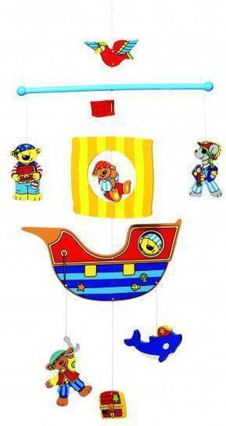 Vrolijke piratenmobiel met piratenschip, beertjes, muis, walvis, vogel en schatkist.