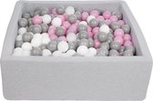 Ballenbak vierkant - grijs - 90x90x30 cm - met 450 wit, roze en grijze ballen