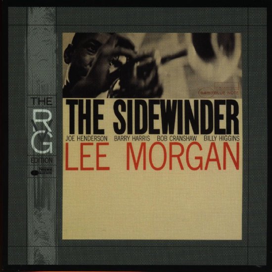 Albumhoes met de titel 'The Sidewinder', namen van artiesten en een zwart-wit foto van een man die een trompet speelt, met een 'ORG EDITION' band.