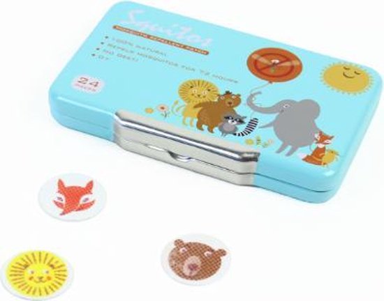 Squitos blikken doosje met stickers van een leeuw, beer, wasbeer, olifant en vos. Met zon en ballon met mug.
