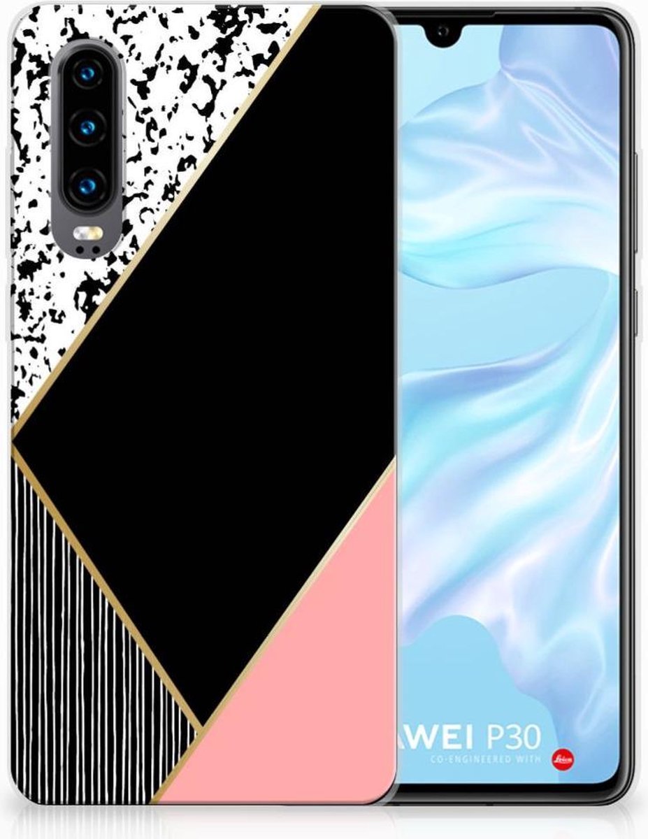 Huawei P30 TPU Hoesje Zwart Roze Vormen