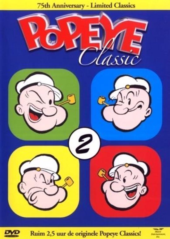 Popeye Classic 2 DVD. Vier afbeeldingen van Popeye met pijp in de mond, omringd door groen, blauw, geel en rood. 75th Anniversary - Limited Classics.