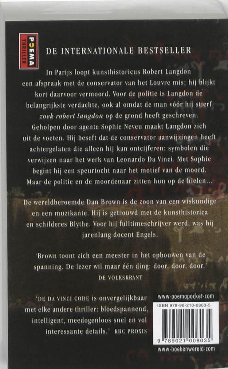 Achterkant van de 'De Da Vinci Code' thriller met tekst van de auteur Dan Brown en recensies.