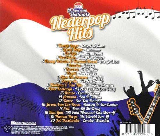 Achterkant CD "Ik hou van Hollands Nederpop Hits" met artiestenlijst, muzieknoten en silhouetten.