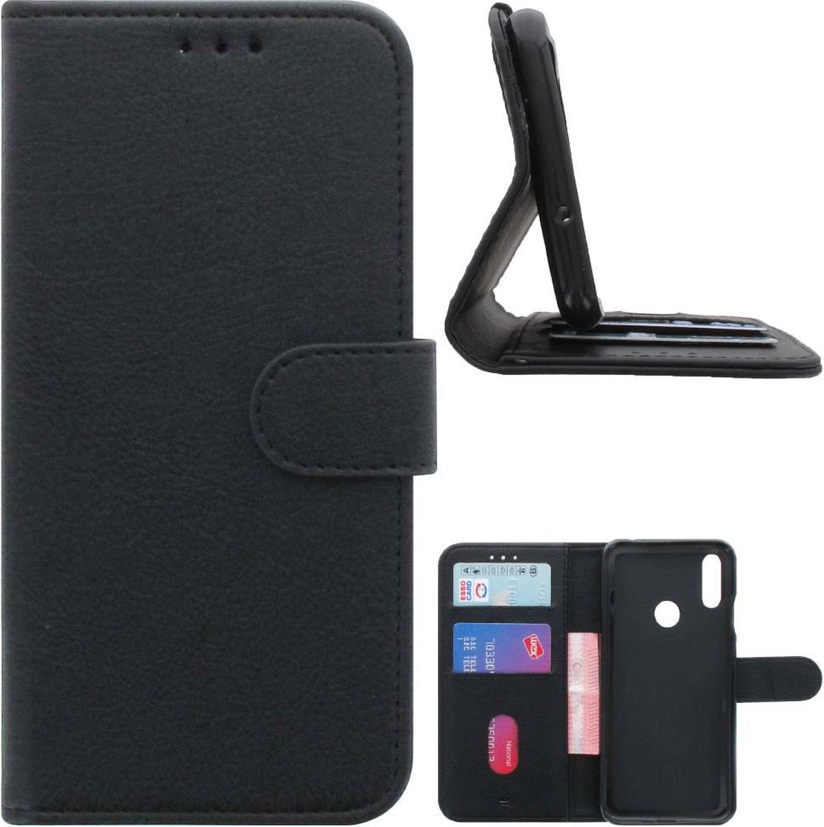 Huawei Y7 2019 Standcase Hoesje Zwart met Pasjeshouder