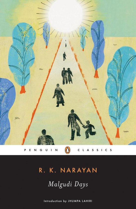 Boekcover van 'Malgudi Days' van R.K. Narayan, met een illustratie van mensen die over een landweg lopen onder een felle zon, geflankeerd door blauwe bomen.