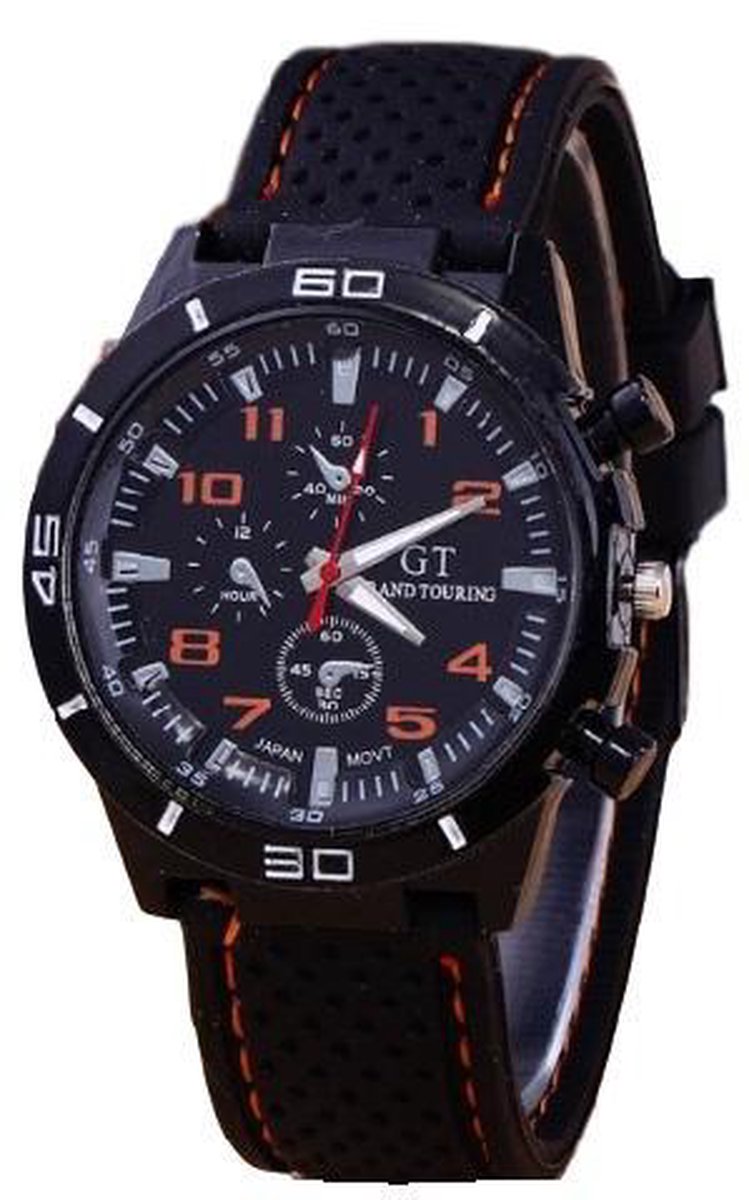 GT sportief - Tiener Horloge - 44 mm - Siliconen - Zwart-Oranje