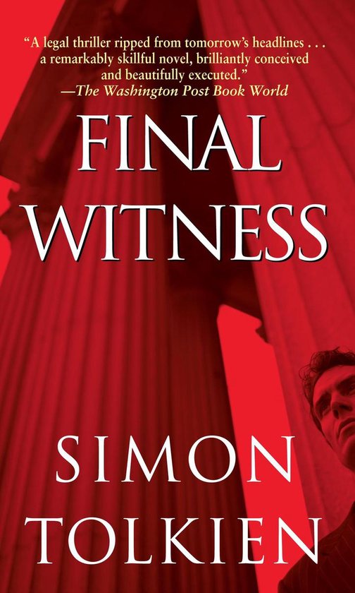 Boekomslag van "Final Witness" door Simon Tolkien, met rode zuilen en een man die naar boven kijkt.