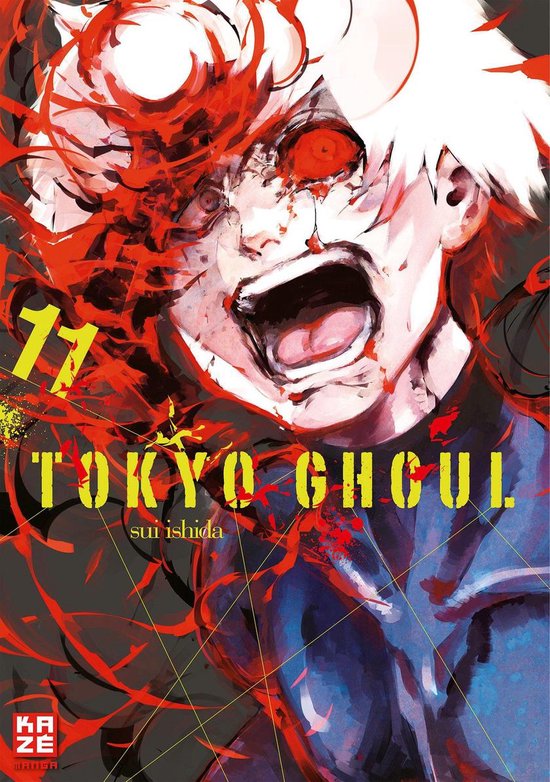 Couverture du livre Tokyo Ghoul 11, avec un personnage d'anime aux cheveux blancs, aux yeux rouges et à la bouche ouverte en criant, entouré d'explosions rouges et jaunes.