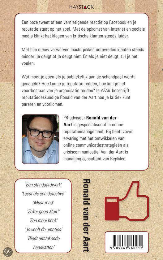 Achterkant boek met portret van Ronald van der Aart, een duim omhoog-icoon en barcode.