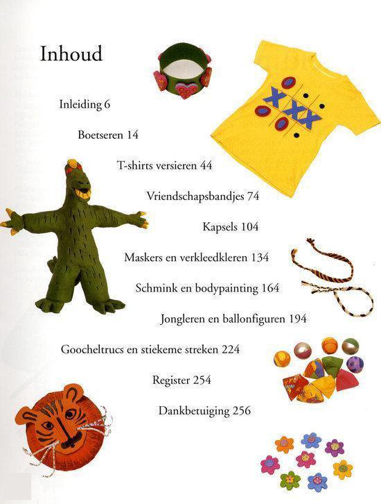 Inhoudsopgave met diverse knutselvoorbeelden: groene dinosaurus, tijger-masker, geel T-shirt, armbandjes, sieraad, strijkkralen en ballonnenfiguren.