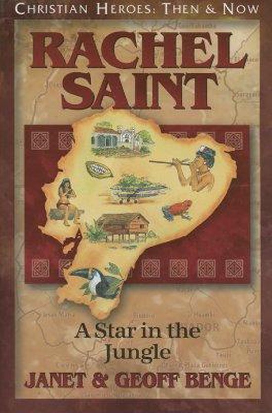 Couverture du livre 'Rachel Saint: A Star in the Jungle'. Carte de l'Équateur avec des images de fèves de cacao, d'un oiseau, d'une cabane dans les arbres et d'un homme indigène.
