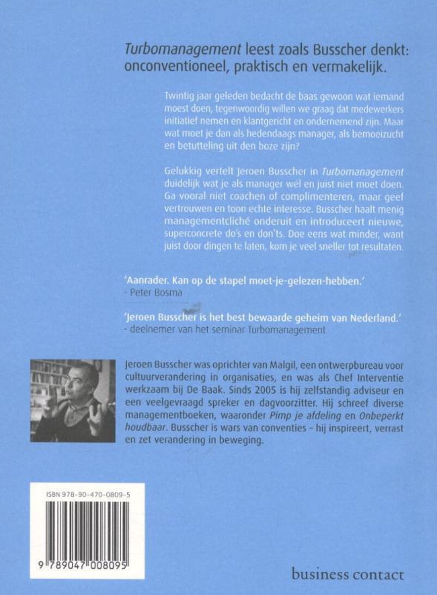 Achterkant van het boek Turbomanagement, met tekst, een foto van Jeroen Busscher en ISBN.