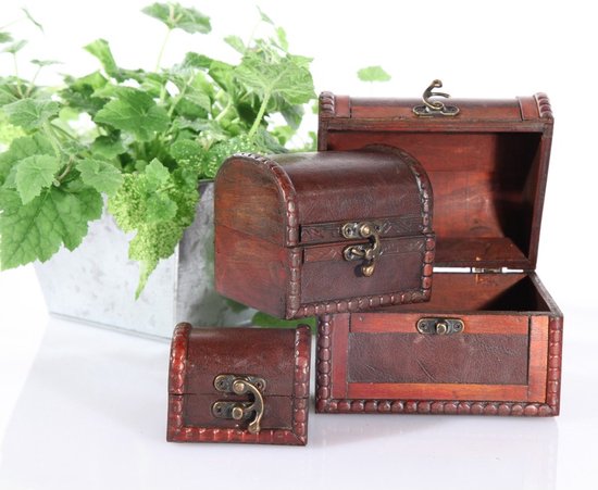 3x Brocante opbergkisten roodbruin - Sieradenkistjes - Vintage houten kistjes 3 stuks