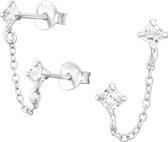 zilver vierkant oorstekers met ketting en zirconia | Square Ear Studs with Hanging Chain and Cubic Zirconia | Sterling 925 Silver