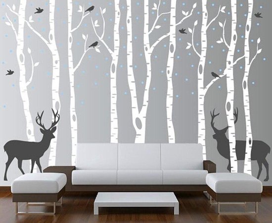3D Sticker Decoratie Groot formaat Sneeuw, vogels, herten en boom  Muursticker voor... | bol.com
