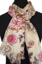Dames sjaal - katoen - bloemen - beige - bruin - roze - rood - 50 x 180 cm