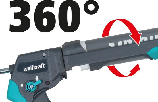 Close-up van Wolfcraft kitspuit met 360 graden rotatie indicator.