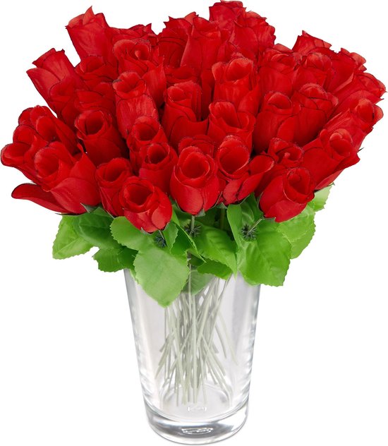 Relaxdays kunstrozen - rood - kunstbloemen - 48 stuks - decoratie - nep  bloemen - steel | bol.com