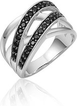 Jewels Inc. - Ring - Meerdere banen gezet met zwarte Zirkonia Stenen - 12mm Breed - Maat 52 - Gerhodineerd Zilver 925