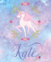 Kate Notebook: Unicorn Purple with Flowers Personalized Customized Name Kate Draw and Write Composition Book for Girls and School
