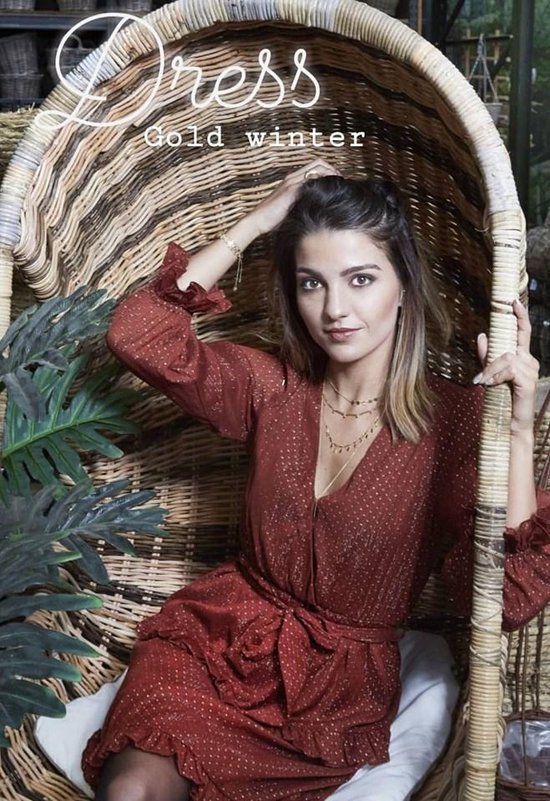 Ruffle jurk Gold Winter Roestbruin goud Lange mouwen bol