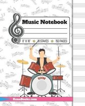 Music Notebook: Paper Notebook for Drummers - showing a percussionist playing Drumset - 10 Large Staves per Page - Made for Music Teac