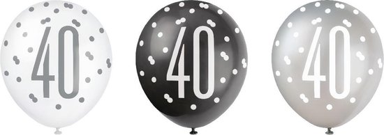 Ballonnen 40 jaar Glitz Zwart Zilver | 6 stuks