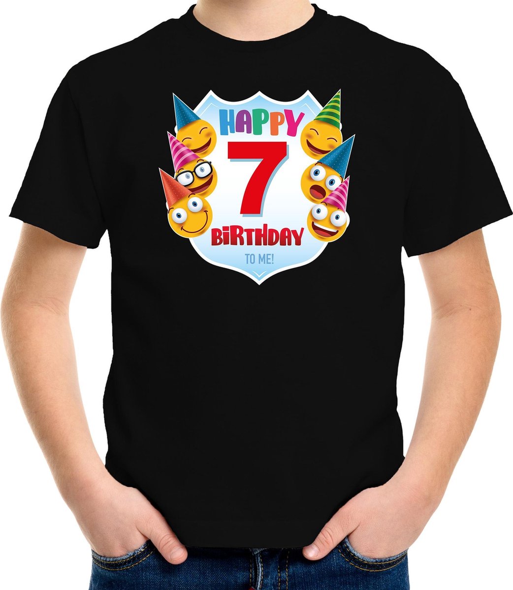 Afbeelding van product Bellatio Decorations  Happy birthday 7e verjaardag t-shirt kind - unisex - jongens / meisjes - 7 jaar shirt met emoticons zwart voor kinderen 158/164  - maat 158/164