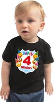 Happy birthday 4e verjaardag t-shirt / shirt 4 jaar met emoticons zwart voor peuters / kinderen 92 (11-24 maanden)