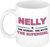Naam cadeau Nelly - The woman, The myth the supergirl koffie mok / beker 300 ml - naam/namen mokken - Cadeau voor o.a verjaardag/ moederdag/ pensioen/ geslaagd/ bedankt