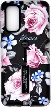 Voor Galaxy S20 + reliëf geschilderd patroon beschermhoes met houder (zwart roze bloem)