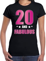 20 and fabulous verjaardag cadeau t-shirt / shirt - zwart met roze en witte letters - voor dames - 20ste verjaardag kado shirt / outfit XL