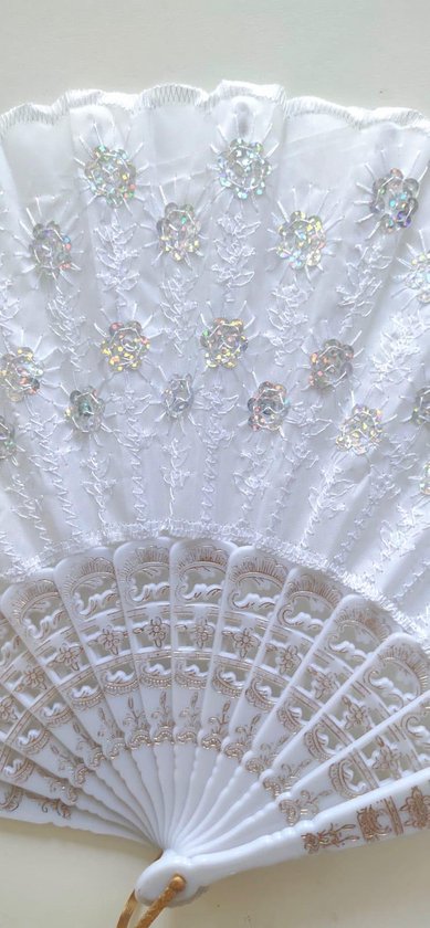 Spaanse handwaaiers met borduursels en pailletten 3 stuks wit