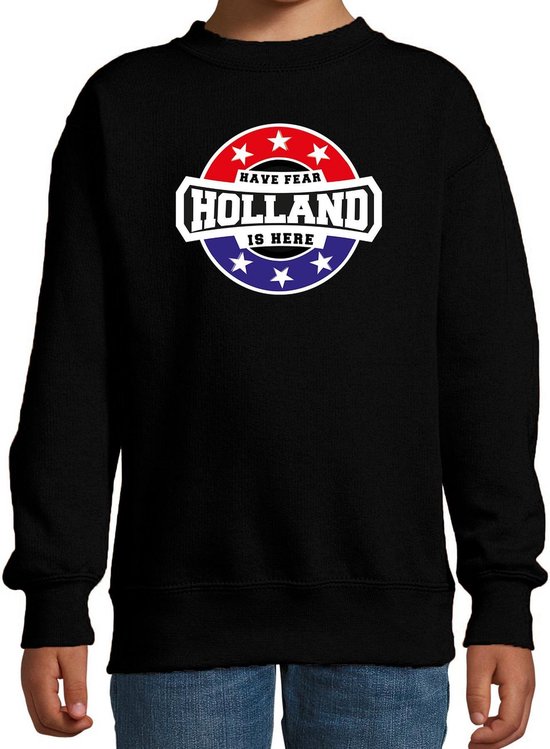 Have fear Holland is here sweater met sterren embleem in de kleuren van de Nederlandse vlag - zwart - kids - Holland supporter / Nederlands elftal fan trui / EK / WK / kleding 134/146