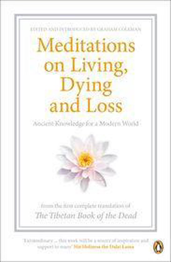 Boekomslag met de titel Meditaties on Living, Dying and Loss. Een lotusbloem in het midden.