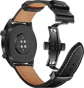 Universeel Smartwatch 22MM Bandje - Echt Leer - met Vlindersluiting - Zwart
