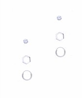WeLoveSilver "Drie oorbellen op kaartje, kristalknopje, steker zeshoek en ringetje" 925 sterling zilver