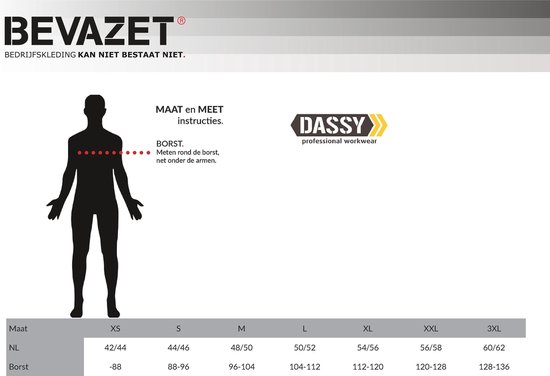 Maattabel voor DASSY bedrijfskleding met afmetingen voor borstomvang in cm en inches.
